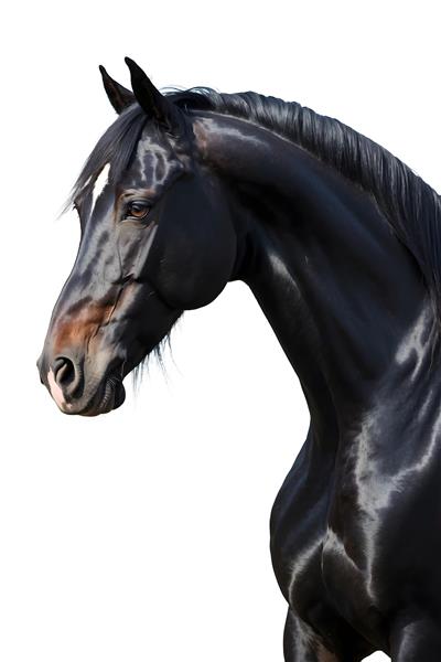 پرتره هنری و باکیفیت سر اسب سیاه براق با پیشانی سفید برای پوستر دیواری سه بعدی، تابلو دکوراتیو اتاق کار و چاپ روی کوسن و ماگ