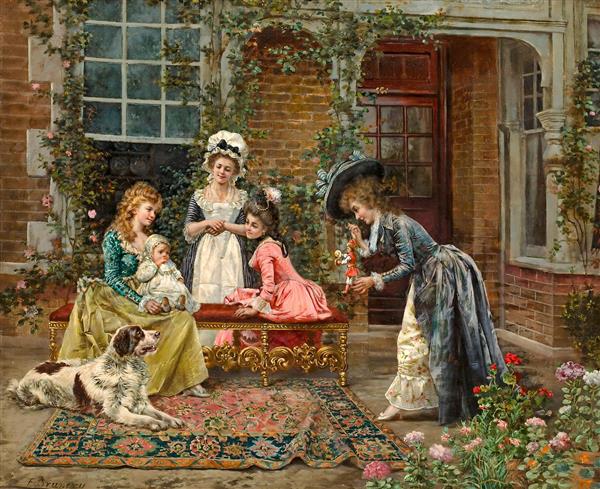 نقاشی کلاسیک اروپایی از دورهمی بانوان در باغ عمارت قدیمی با لباس‌های اشرافی و سگ خانگی مناسب برای قاب دکوراتیو سالن پذیرایی، پوستر دیواری کلاسیک و روتختی طرح نقاشی