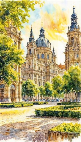 پوستر دیواری طرح نقاشی آبرنگ از کلیسای تاریخی و معماری کلاسیک اروپایی برای لابی هتل و فضاهای لوکس