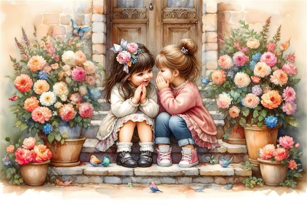نقاشی آبرنگی فانتزی از دو دختربچه صمیمی و گلدان‌های رز رنگارنگ ویژه کاغذ دیواری اتاق کودک و سیسمونی