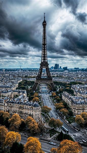 عکس هوایی باکیفیت از برج ایفل و شهر پاریس در هوای ابری مناسب برای پوستر دیواری عریض و دفتر کار