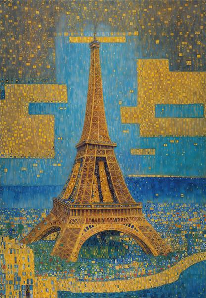 طرح مفهومی و انتزاعی برج ایفل با بافت شطرنجی و رنگ‌های زنده مناسب برای چاپ روی بوم و دکوراسیون مدرن