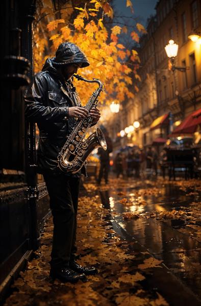 تصویر هنری نوازنده ساکسیفون در خیابان بارانی پاییزی برای پوستر دیواری کافه، آموزشگاه موسیقی و اتاق جوان