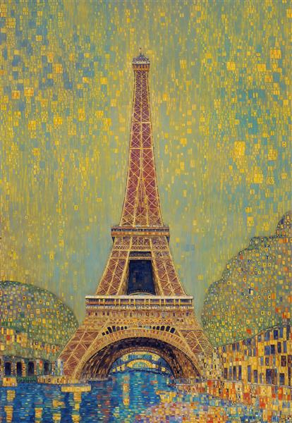 نقاشی امپرسیونیست از ایفل و رودخانه سن با تم سبز و طلایی ویژه تابلو دکوراتیو پذیرایی و دکوراسیون لوکس