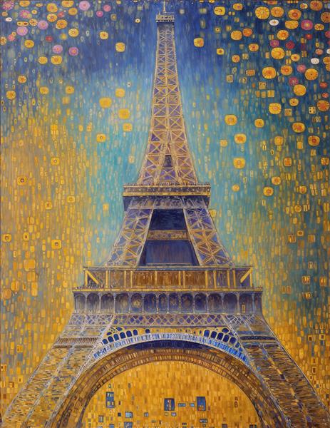 پوستر دیواری هنری برج ایفل پاریس با سبک نقاشی مدرن و رنگ‌های طلایی مناسب برای لابی هتل و پشت کاناپه