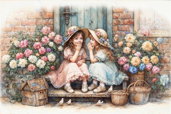 طرح آبرنگی دو دختربچه در میان گل‌های صورتی مناسب برای کاغذ دیواری اتاق خواب دخترانه، روتختی و پرده چاپی