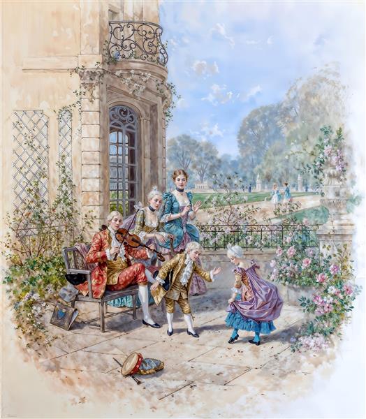 نقاشی کلاسیک اروپایی از رقص و موسیقی در عمارت مجلل ویژه پوستر دیواری پذیرایی و کاغذ دیواری سه بعدی تالار