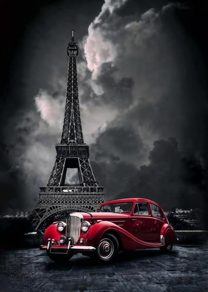 تصویر اتومبیل کلاسیک قرمز مقابل برج ایفل در پاریس برای پوستر دیواری اتاق نوجوان و نمایشگاه خودرو