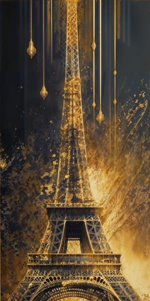 پوستر دیواری عمودی برج ایفل با بافت اکرلیک و آویزهای سنتی طلایی ویژه دکوراسیون لوکس و پشت میز پذیرش