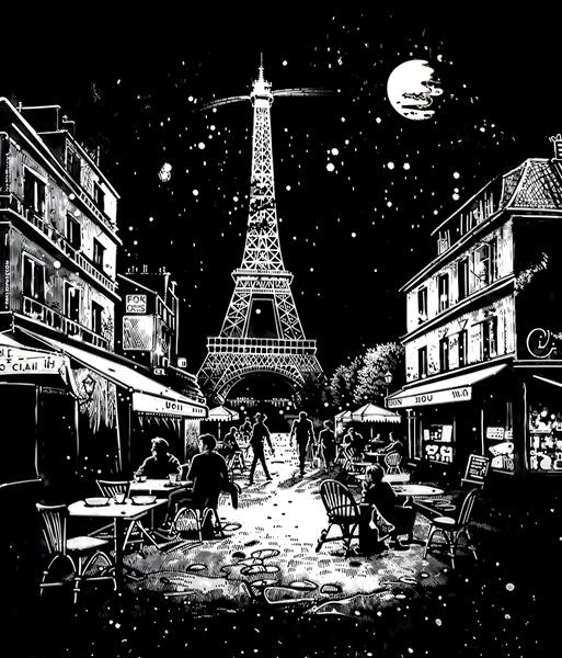 تصویر گرافیکی سیاه و سفید کافه پاریسی و نمای برج ایفل برای پوستر دیواری کافی‌شاپ و رستوران‌های مدرن