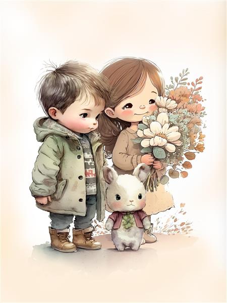 تصویر کارتونی دختر و پسر با خرگوش و دسته گل برای پوستر دیواری اتاق خواب مشترک، مهدکودک و چاپ دفتر مشق