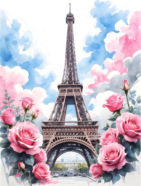 منظره رمانتیک برج ایفل پاریس در میان گلهای رز صورتی ویژه پوستر دیواری سالن پذیرایی، کافه و آژانس مسافرتی
