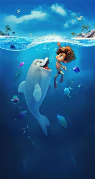 پوستر پسر دلفینی در دنیای زیر آب ویژه پوستر دیواری و دکوراسیون اتاق پسرانه