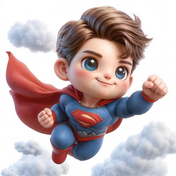 طرح گرافیکی سوپرمن کوچک در حال پرواز میان ابرها ویژه پوستر دیواری سه بعدی اتاق پسرانه و استیکر اتاق کودک