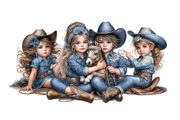 تصویر گروهی کودکان با استایل گاوچران و اسب مینیاتوری مناسب پوستر دیواری آتلیه عکاسی، اتاق بازی و دکوراسیون فانتزی