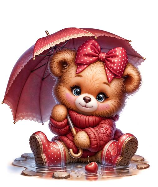 خرس تدی مهربان با چتر قرمز در زیر باران ایده پوستر دیواری اتاق نوزاد، مهدکودک و چاپ روی دفترچه یادداشت