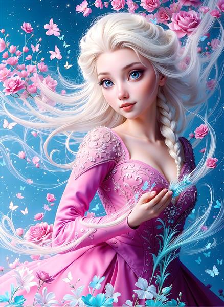 طرح السا ملکه‌ برفی با لباس صورتی در میان گل‌های بهاری ویژه پوستر دیواری سه بعدی اتاق خواب دخترانه و چاپ روتختی