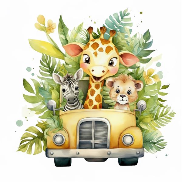 تصویر کارتونی حیوانات جنگل سوار بر ماشین زرد فانتزی مناسب پوستر دیواری اتاق کودک، مهدکودک و چاپ روی روتختی و پرده اتاق خواب