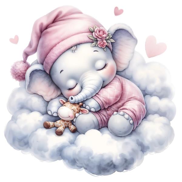 تصویر فیل کوچولوی خوابیده روی ابرها ویژه پوستر دیواری سقفی اتاق نوزاد، چاپ روی سرویس خواب نوزاد، تابلو دکوراتیو آرامش‌بخش برای سیسمونی دخترانه