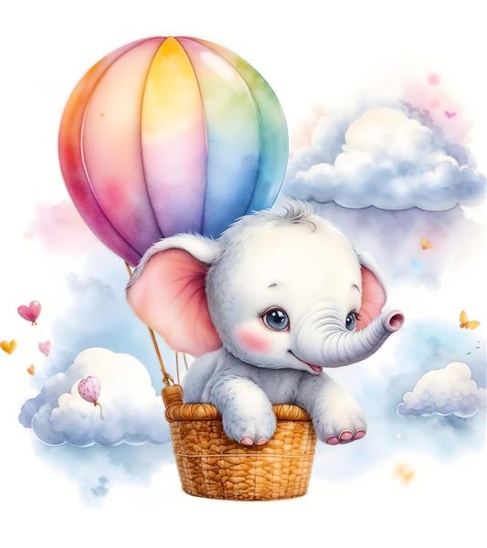 طرح فانتزی بچه فیل سوار بر بالن رنگین کمانی برای پوستر دیواری سقف و دیوار اتاق کودک، چاپ روی فرش و موکت اتاق بچه، تصویرسازی آبرنگی برای مهدکودک