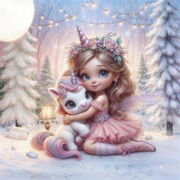 پوستر دیواری رویایی دختر و تک شاخ در جنگل برفی مناسب برای دکوراسیون اتاق خواب دخترانه و مهدکودک، چاپ روتختی فانتزی یونیکورن و تابلوی دکوراتیو صورتی