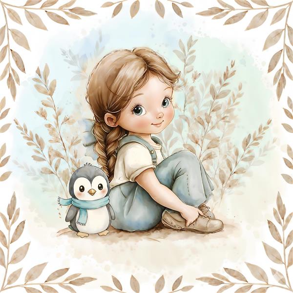 تصویرسازی آبرنگی دختربچه و پنگوئن کوچولو برای کاغذ دیواری اتاق نوزاد، پوستر دیواری ملایم و فانتزی، چاپ روی سیسمونی، کوسن و دفتر خاطرات کودک