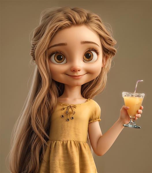 پرتره دختر زیبا با لباس زرد و نوشیدنی مناسب برای تابلو دکوراتیو آشپزخانه و کافی‌شاپ، پوستر دیواری سه بعدی فانتزی، چاپ روی لیوان و ماگ، دکوراسیون اتاق دخترانه