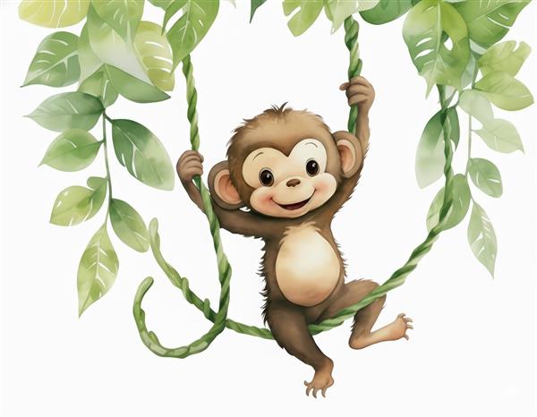طرح آبرنگی میمون بازیگوش روی شاخه درخت برای پوستر دیواری اتاق کودک و نوزاد، استیکر دیواری مهدکودک، چاپ روی روتختی و پرده اتاق بچه، تصویرسازی فانتزی جنگل