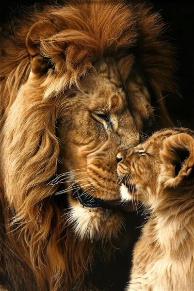 پوستر دیواری طرح شیر و بچه شیر با نماد عشق و حمایت ویژه دکوراسیون پذیرایی و اتاق خواب، تابلوی لوکس حیات وحش برای لابی هتل و دفتر کار، چاپ روی بوم