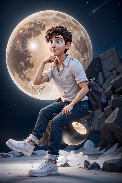 تصویر فانتزی پسر نوجوان در فضا و روی سطح ماه مناسب برای پوستر دیواری اتاق خواب پسرانه، کاغذ دیواری سه بعدی طرح فضانورد، چاپ تابلو دکوراتیو مدرن و کاور دفتر مشق