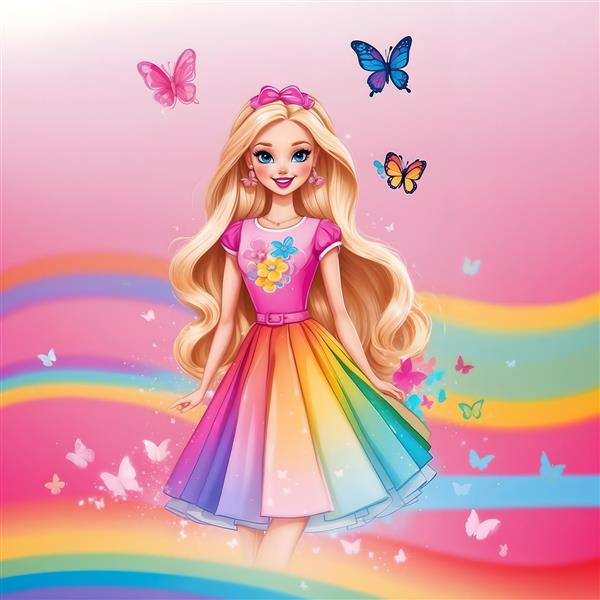 پوستر دیواری باربی با لباس رنگین‌کمانی و پروانه‌ها، خیره‌کننده برای اتاق خواب دختران و مراکز تفریحی کودکان