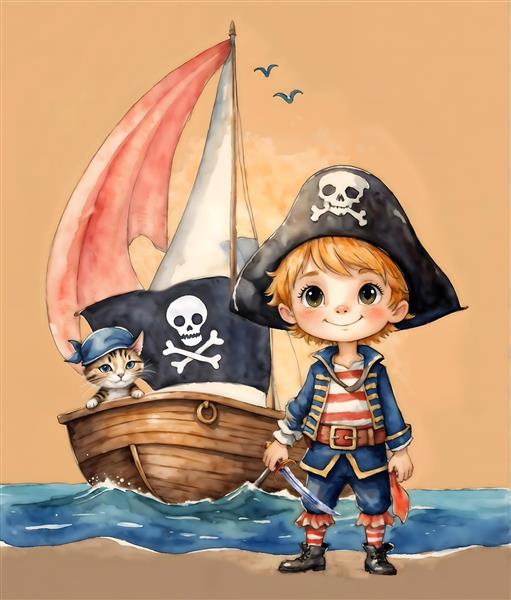 پوستر دیواری سه بعدی طرح دزد دریایی کوچک و کشتی در ساحل دریا، انتخابی عالی برای اتاق خواب پسرانه و مهدکودک‌ها