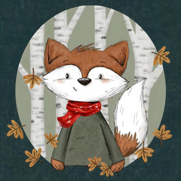 پوستر دیواری کودکانه طرح روباه شال‌گردن قرمز در جنگل پاییزی مناسب برای دکوراسیون مهدکودک و اتاق خواب فرزندان