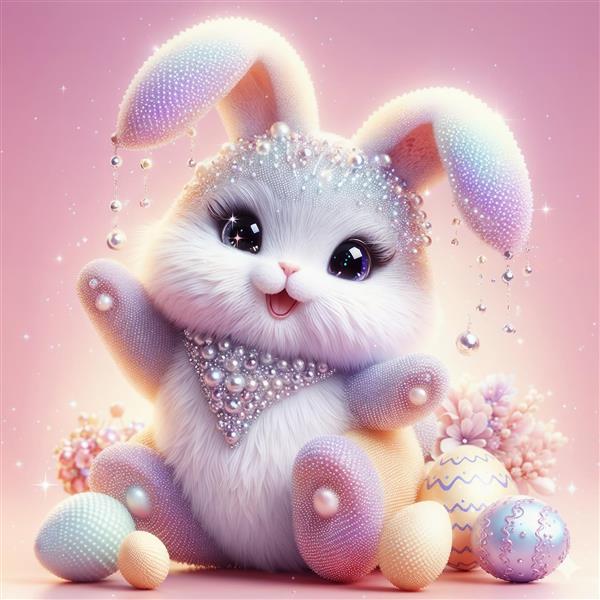 تصویر فانتزی خرگوش پاستلی با تزیینات مروارید و تخم‌مرغ‌های رنگی ویژه پوستر سه بعدی اتاق دخترانه و چاپ روی ماگ و لوازم تحریر