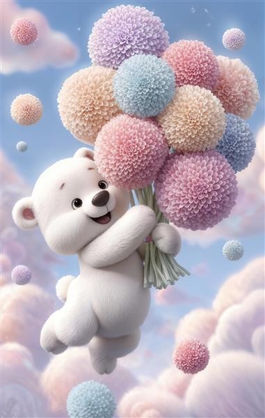 خرس سفید در حال پرواز با دسته‌ای از گل‌های رنگی ویژه پوستر دیواری شاد و کاغذ دیواری اتاق بازی