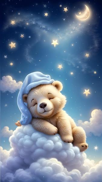 خرس قطبی مهربان روی ابرهای پنبه‌ای در شب مهتابی برای پوستر دیواری سقفی و دکور اتاق نوزاد