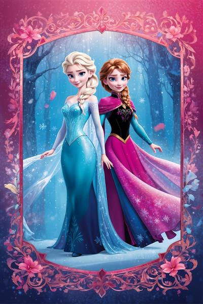 قاب فانتزی السا و آنا در جنگل جادویی برای پوستر دیواری عمودی و دکوراسیون داخلی اتاق خواب کودک