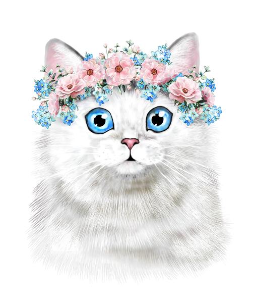 پرتره گربه ملوس با تاج گل‌های صورتی و آبی ویژه تابلو دکوراتیو اتاق خواب و چاپ روی ماگ و دفترچه