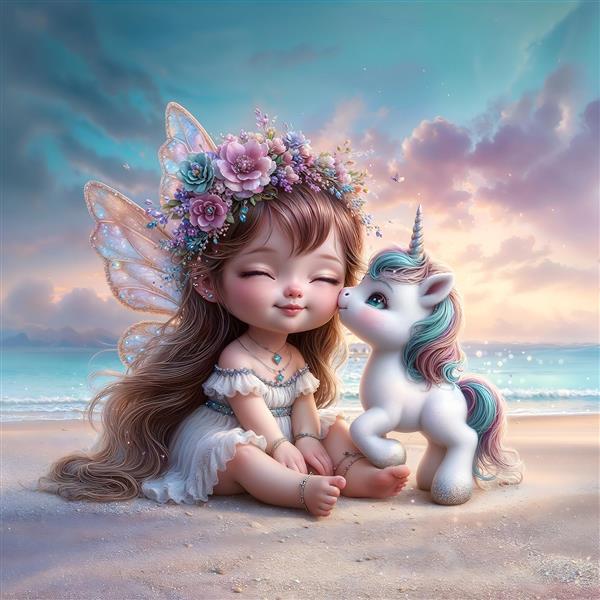 فرشته مهربان و اسب تک‌شاخ در ساحل رویایی مناسب برای پوستر دیواری اتاق دخترانه و چاپ روتختی فانتزی