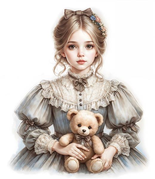نقاشی پرتره دختر کلاسیک با خرس عروسکی برای تابلوهای تزئینی لوکس و دکوراسیون سالن های پذیرایی خاص