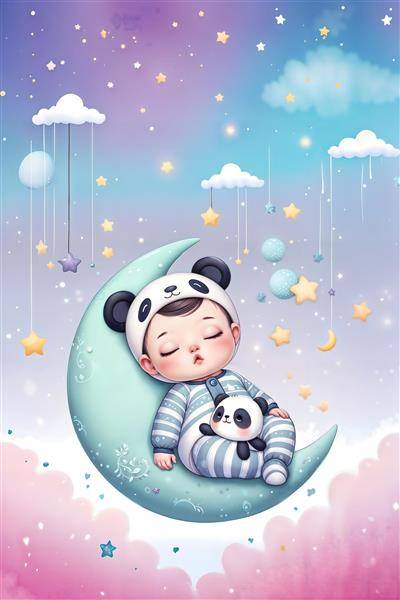 نوزاد پاندا پوش روی هلال ماه در آسمان پرستاره برای پوستر دیواری سقفی و دکوراسیون آرامش بخش اتاق خواب