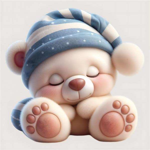 خرس عروسکی خواب آلو با کلاه راه راه آبی برای چاپ روی کوسن و روتختی نوزاد و کاغذ دیواری اتاق خواب