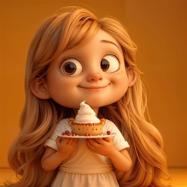 دختر مو بلند فانتزی با کاپ کیک خوشمزه برای تابلو آشپزخانه و کافی شاپ یا پوستر دیواری مغازه قنادی