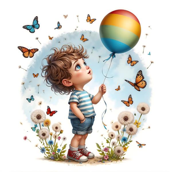 پسر بچه با بادکنک رنگارنگ و پروانه های زیبا در دشت قاصدک ایده آل برای پوستر دیواری مهدکودک و اتاق بازی