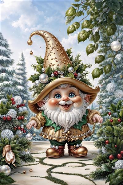 کوتوله نوئل فانتزی با لباس سبز و طلایی ویژه چاپ پوستر دیواری کریسمس و دکوراسیون ویترین فروشگاه