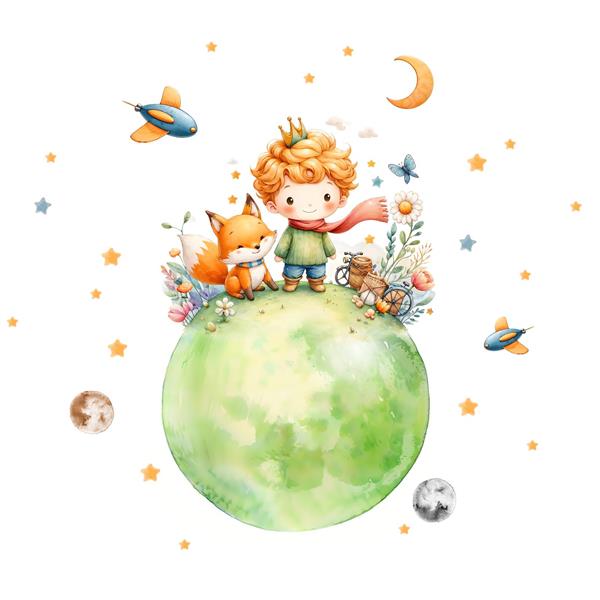 طرح شازده کوچولو و روباه روی سیاره سبز برای کاغذ دیواری سه بعدی اتاق خواب کودک و برچسب دیواری فانتزی