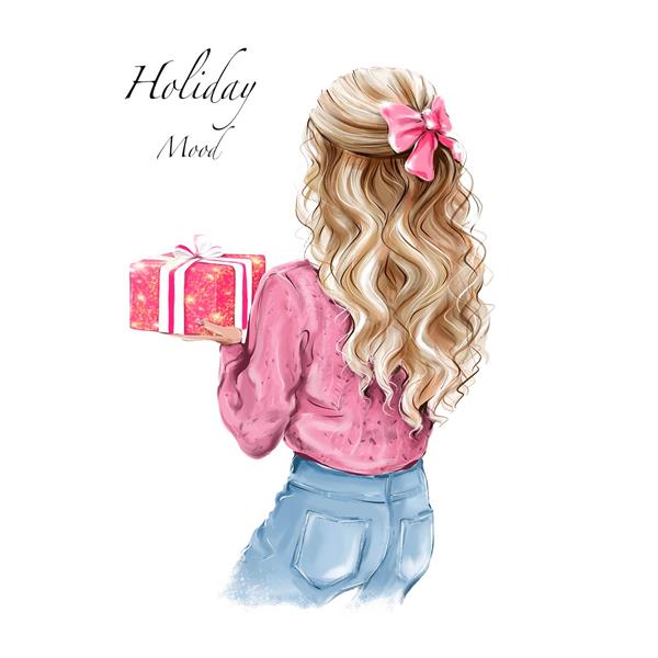 تصویر فانتزی دختر با هدیه کریسمس و پاپیون صورتی مناسب پوستر دیواری اتاق خواب دخترانه و چاپ روی دفترچه و ماگ