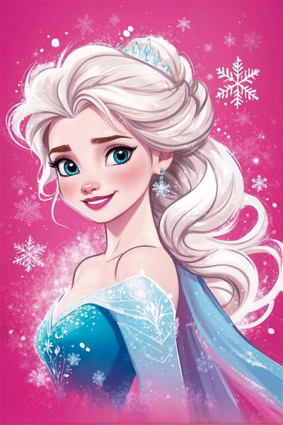 طرح السا (ملکه برفی) در پس‌زمینه صورتی و دانه‌های برف ویژه پوستر دیواری اتاق دخترانه، سالن‌های تولد و چاپ روی پرده و ست خواب کودک