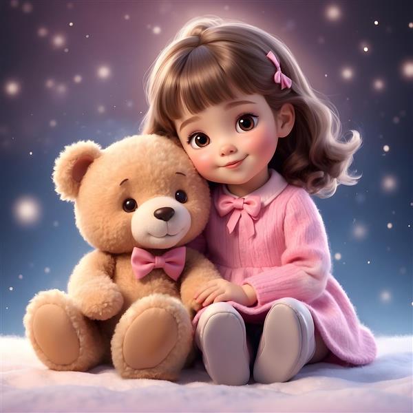 پوستر دیواری شب تابناک دختر کوچک و خرس تدی زیر نور ستاره‌ها مناسب برای اتاق خواب نوزاد، مهدکودک و سرویس روتختی و پرده اتاق کودک