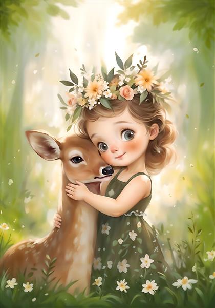 تصویرسازی احساسی دختربچه و گوزن در دل طبیعت مناسب برای پوستر دیواری پذیرایی، اتاق خواب، هتل‌ها و فضاهای درمانی با تم آرامش‌بخش